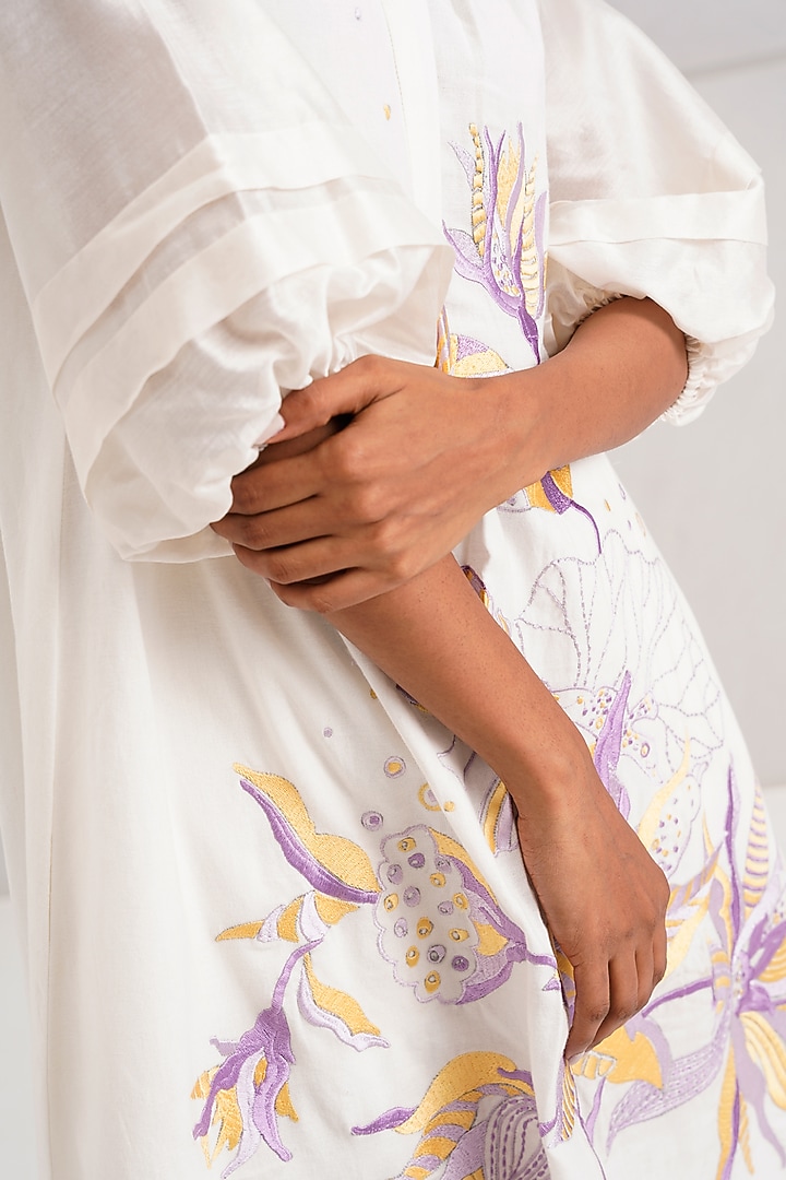 White Handloom Cotton Hand Embroidered Tunic Set by MADDER MUCH at Pernia's Pop Up Shop