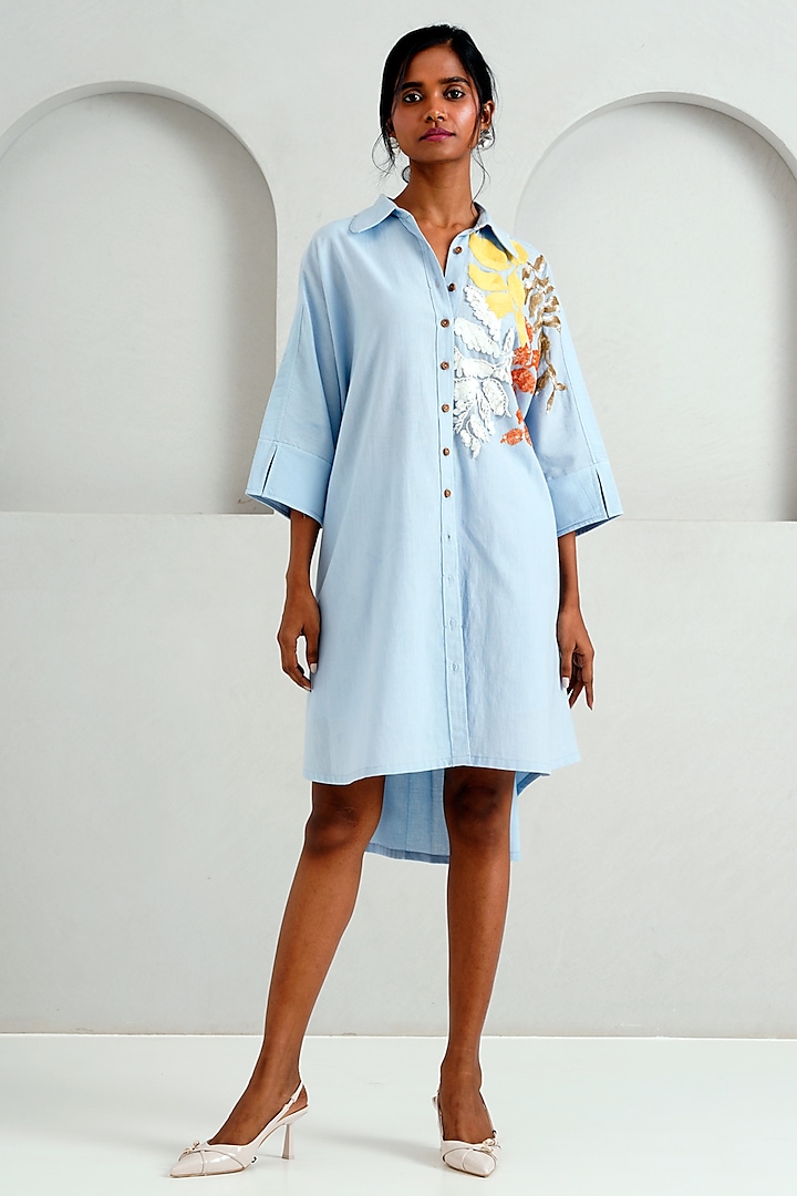 Ice Blue Handloom Cotton Hand Embroidered Dress by MADDER MUCH at Pernia's Pop Up Shop