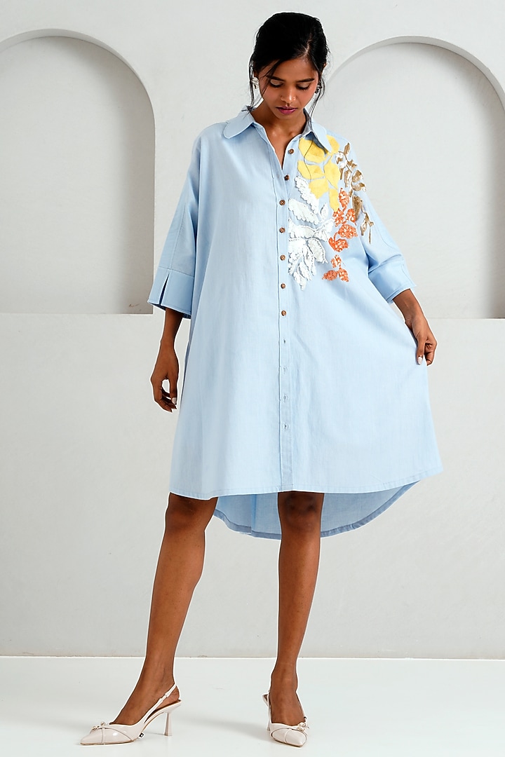 Ice Blue Handloom Cotton Hand Embroidered Summer Dress by MADDER MUCH at Pernia's Pop Up Shop