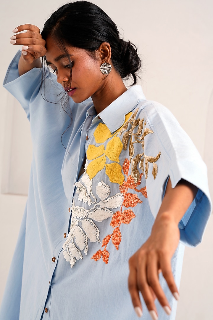 Ice Blue Handloom Cotton Hand Embroidered Summer Dress by MADDER MUCH at Pernia's Pop Up Shop