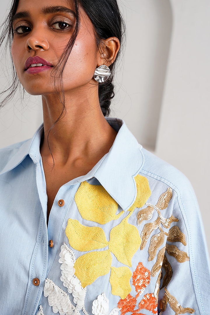 Ice Blue Handloom Cotton Hand Embroidered Summer Dress by MADDER MUCH at Pernia's Pop Up Shop