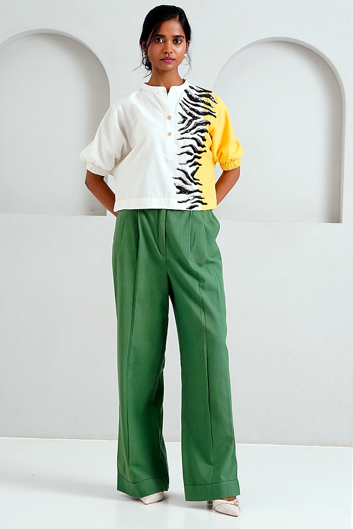 Pine Green Handloom Cotton Pleated Long Pant Set by MADDER MUCH at Pernia's Pop Up Shop