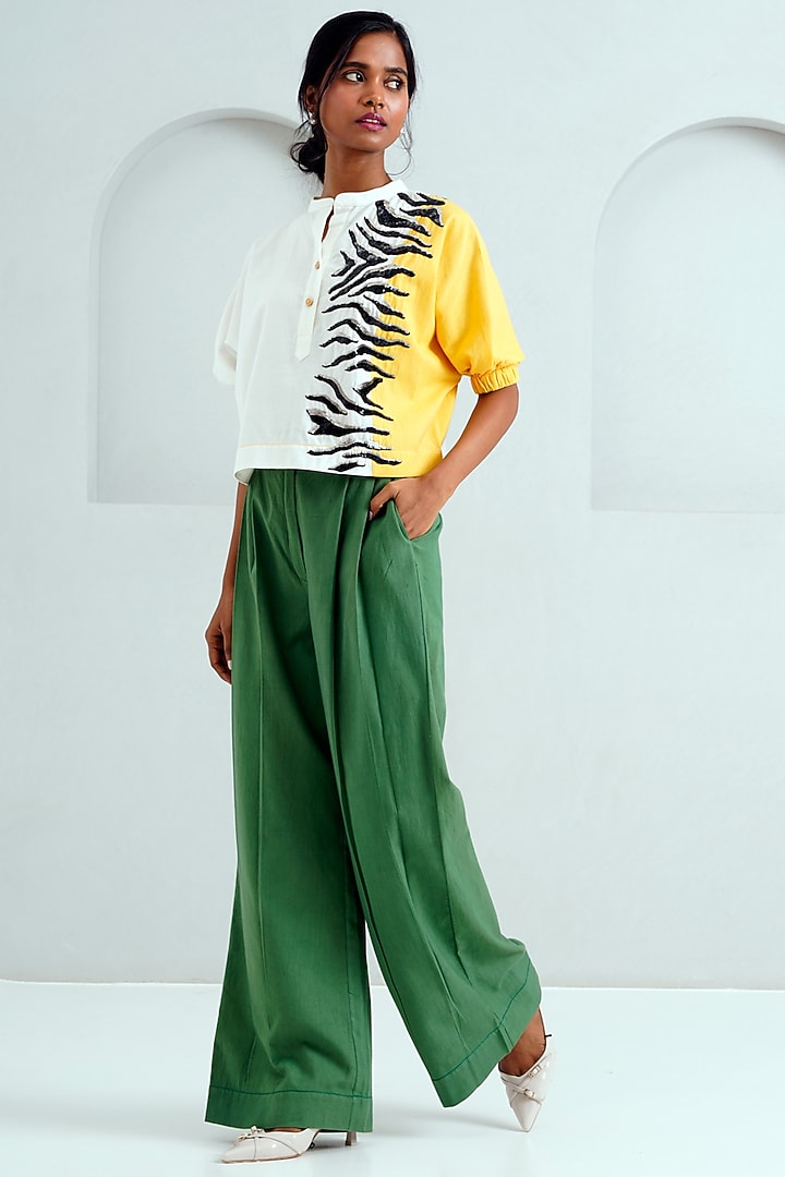 Pine Green Handloom Cotton Pleated Long Pant Set by MADDER MUCH at Pernia's Pop Up Shop