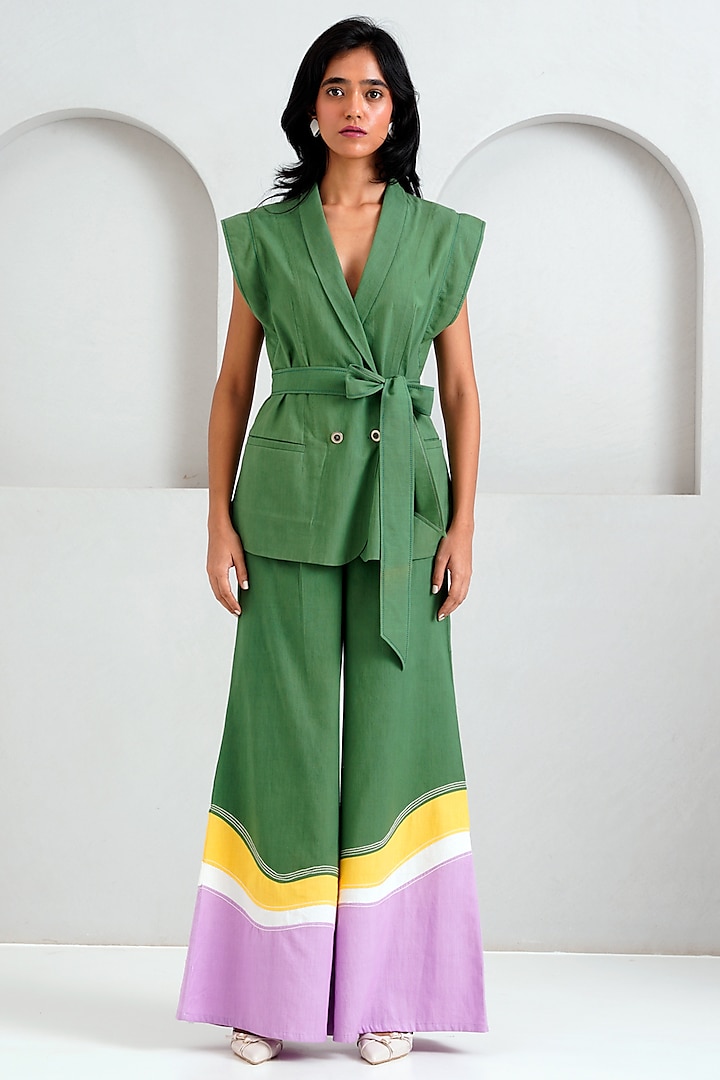 Pine Green Handloom Cotton Flared Pant Set by MADDER MUCH at Pernia's Pop Up Shop