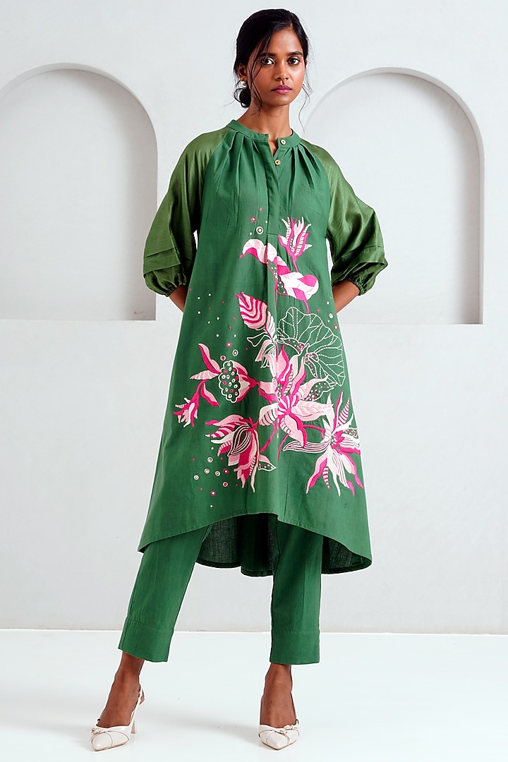 Pine Green Handloom Cotton Embroidered Tunic Set by MADDER MUCH at Pernia's Pop Up Shop