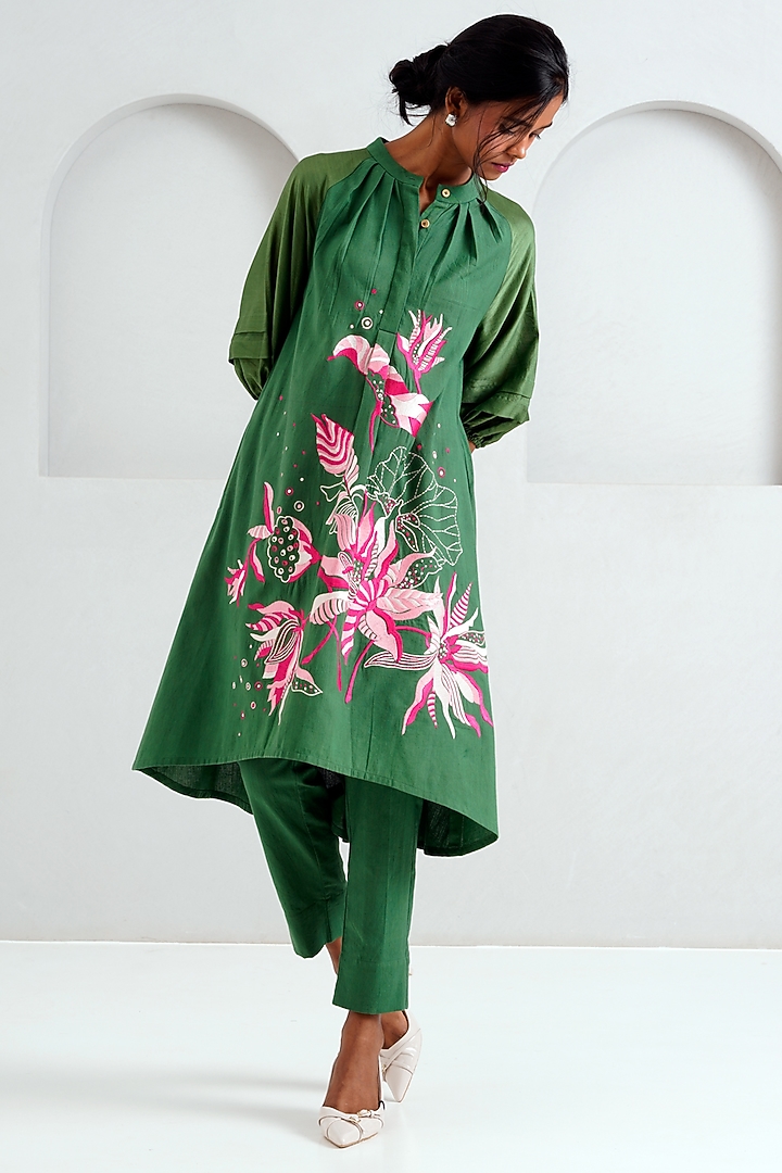 Pine Green Handloom Cotton Embroidered Tunic Set by MADDER MUCH at Pernia's Pop Up Shop
