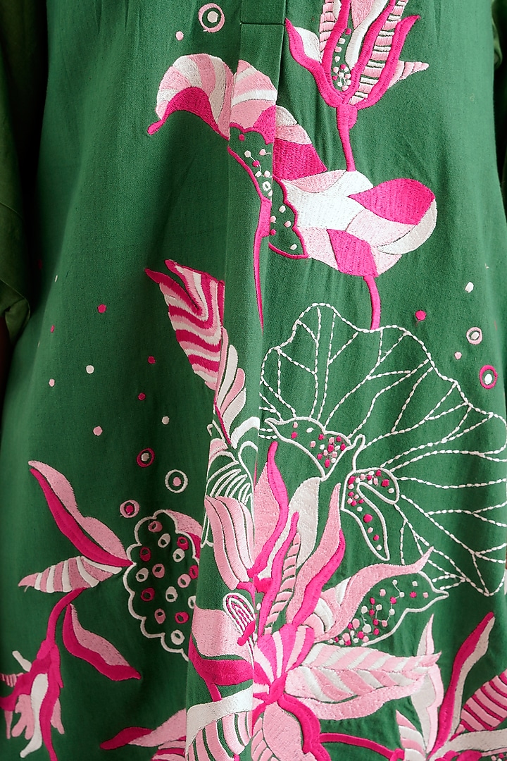 Pine Green Handloom Cotton Embroidered Tunic Set by MADDER MUCH at Pernia's Pop Up Shop