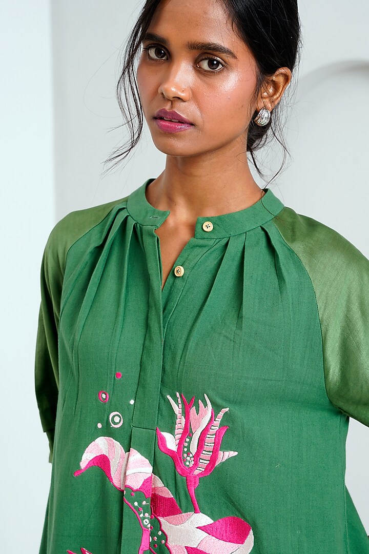 Pine Green Handloom Cotton Embroidered Tunic Set by MADDER MUCH at Pernia's Pop Up Shop