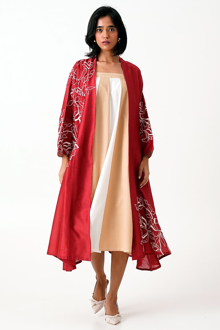 Madder Red Handloom Chanderi Silk Embroidered Jacket by MADDER MUCH at Pernia's Pop Up Shop