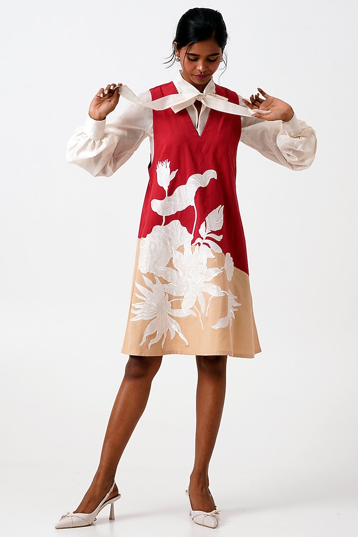 Madder Red Handloom Cotton Embroidered Short Vacation Dress by MADDER MUCH at Pernia's Pop Up Shop