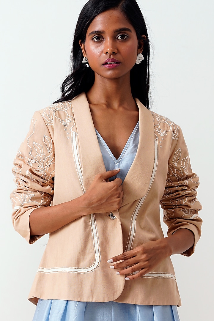 Latte Handloom Cotton Embroidered Blazer by MADDER MUCH at Pernia's Pop Up Shop