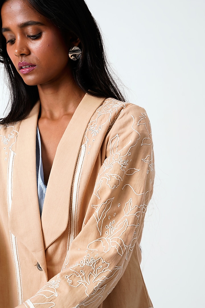 Latte Handloom Cotton Embroidered Blazer by MADDER MUCH at Pernia's Pop Up Shop