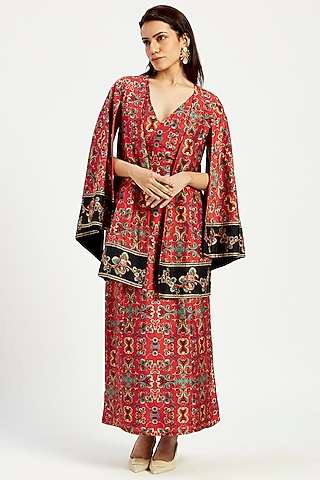 Madder Red Handloom Chanderi Tissue Zari & Chanderi Silk Jacket Dress by MADDER MUCH