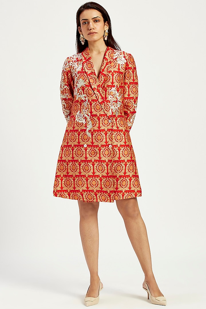 Orange Handloom Chanderi Tissue Zari & Chanderi Silk Mini Blazer Dress by MADDER MUCH at Pernia's Pop Up Shop