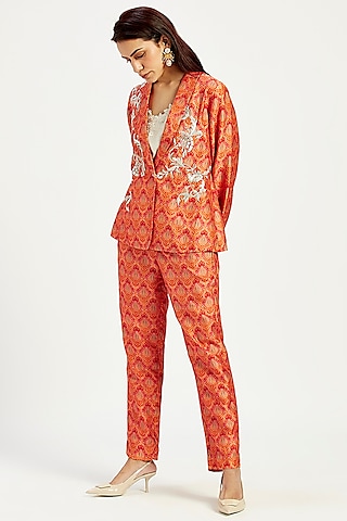 Orange Handloom Chanderi Tissue Zari & Chanderi Silk Blazer Set by MADDER MUCH