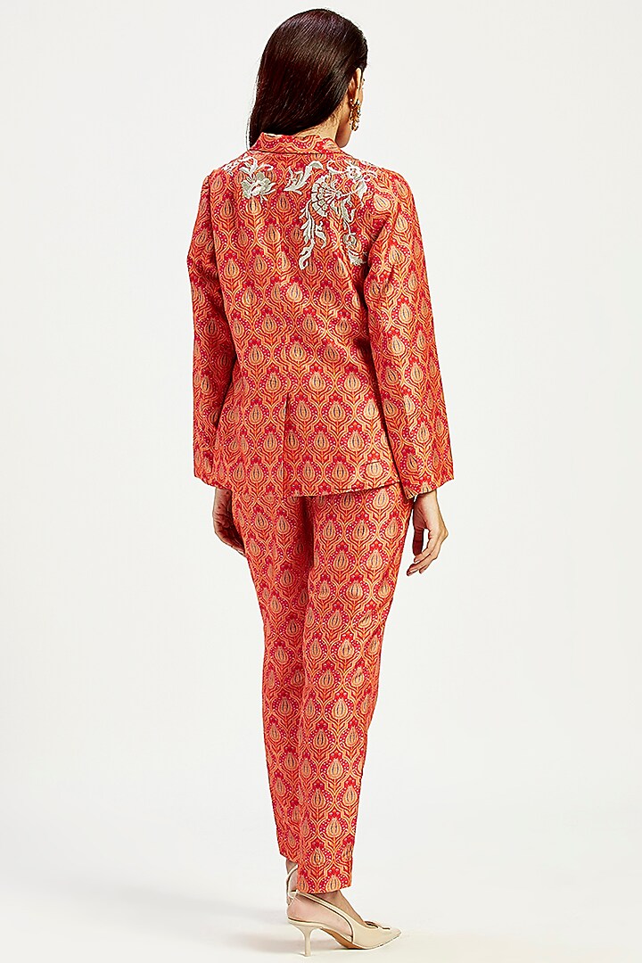 Orange Handloom Chanderi Tissue Zari & Chanderi Silk Blazer Set by MADDER MUCH at Pernia's Pop Up Shop