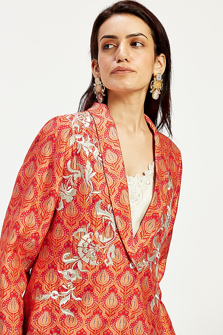 Orange Handloom Chanderi Tissue Zari & Chanderi Silk Blazer Set by MADDER MUCH at Pernia's Pop Up Shop
