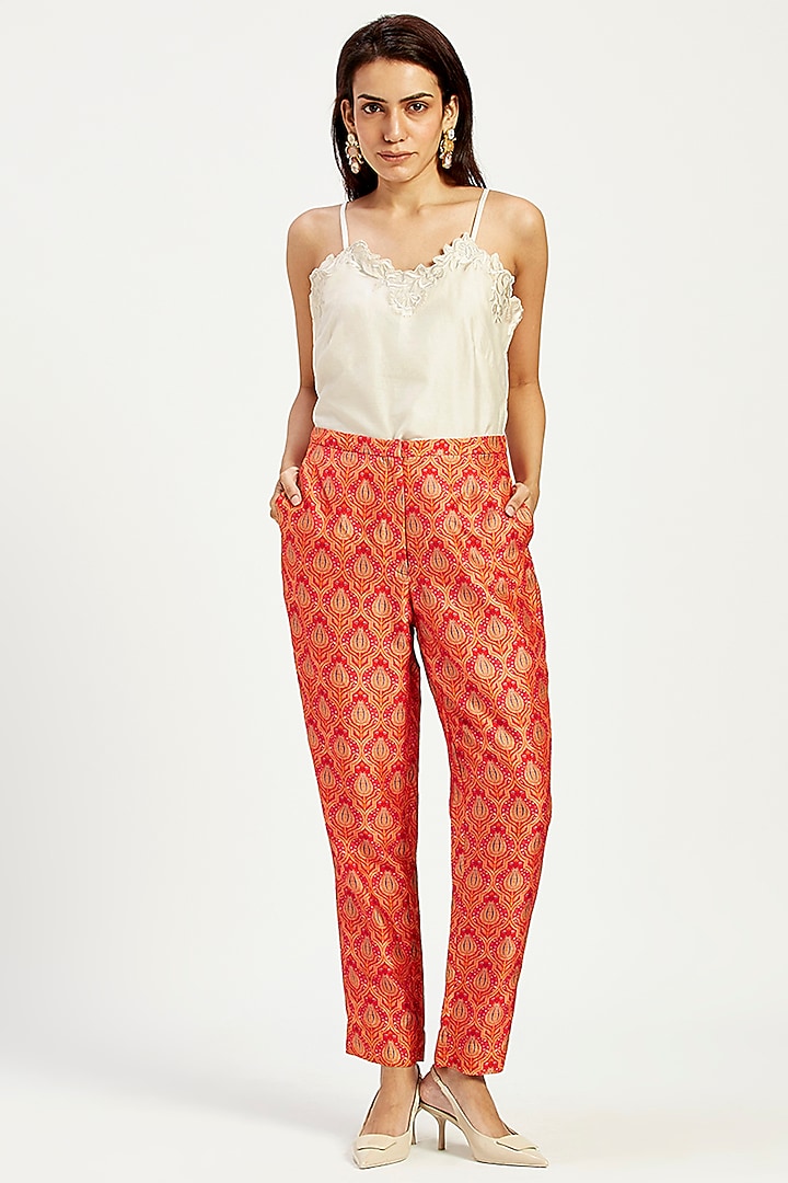 Orange Handloom Chanderi Tissue Zari & Chanderi Silk Blazer Set by MADDER MUCH at Pernia's Pop Up Shop