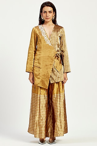 Ocher Handloom Chanderi Tissue Zari & Chanderi Silk Bow Blazer Set by MADDER MUCH