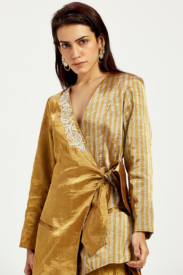 Ocher Handloom Chanderi Tissue Zari & Chanderi Silk Bow Blazer Set by MADDER MUCH at Pernia's Pop Up Shop