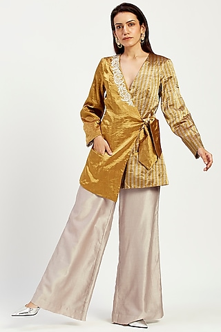 Ocher Handloom Chanderi Tissue Zari & Chanderi Silk Bow Blazer Set by MADDER MUCH