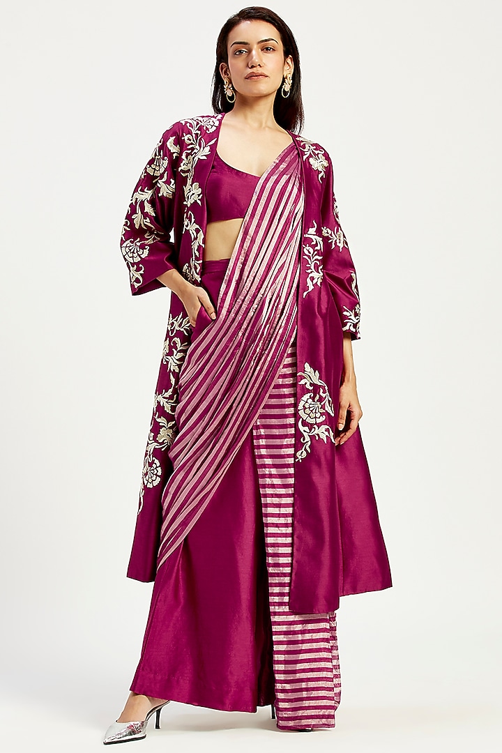 Purple Handloom Chanderi Tissue Zari & Chanderi Silk Jacket Pant Saree Set by MADDER MUCH at Pernia's Pop Up Shop