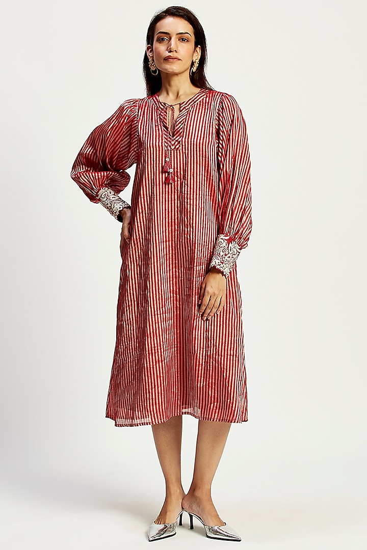 Madder Red Handloom Chanderi Tissue Zari & Chanderi Silk Midi Dress by MADDER MUCH at Pernia's Pop Up Shop