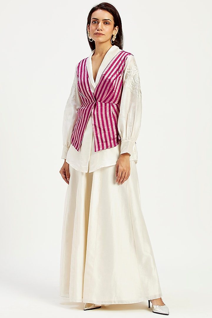 Ivory & Pink Handloom Chanderi Tissue Zari & Chanderi Silk Vest Set by MADDER MUCH at Pernia's Pop Up Shop