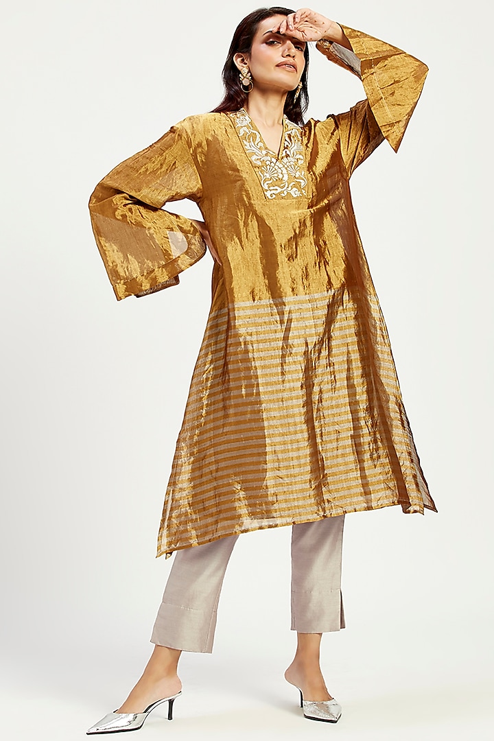 Ocher Handloom Chanderi Tissue Zari & Chanderi Silk Tunic Set by MADDER MUCH at Pernia's Pop Up Shop