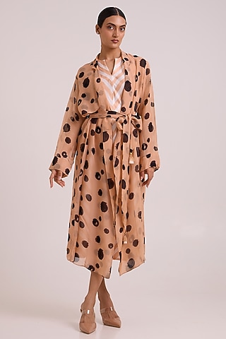 Almond Organza Printed Trench Coat With Dress by MADDER MUCH