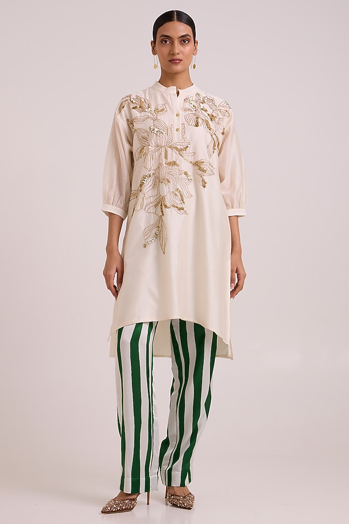 Ivory Pure Handloom Chanderi Silk Embroidered Tunic Set by MADDER MUCH at Pernia's Pop Up Shop