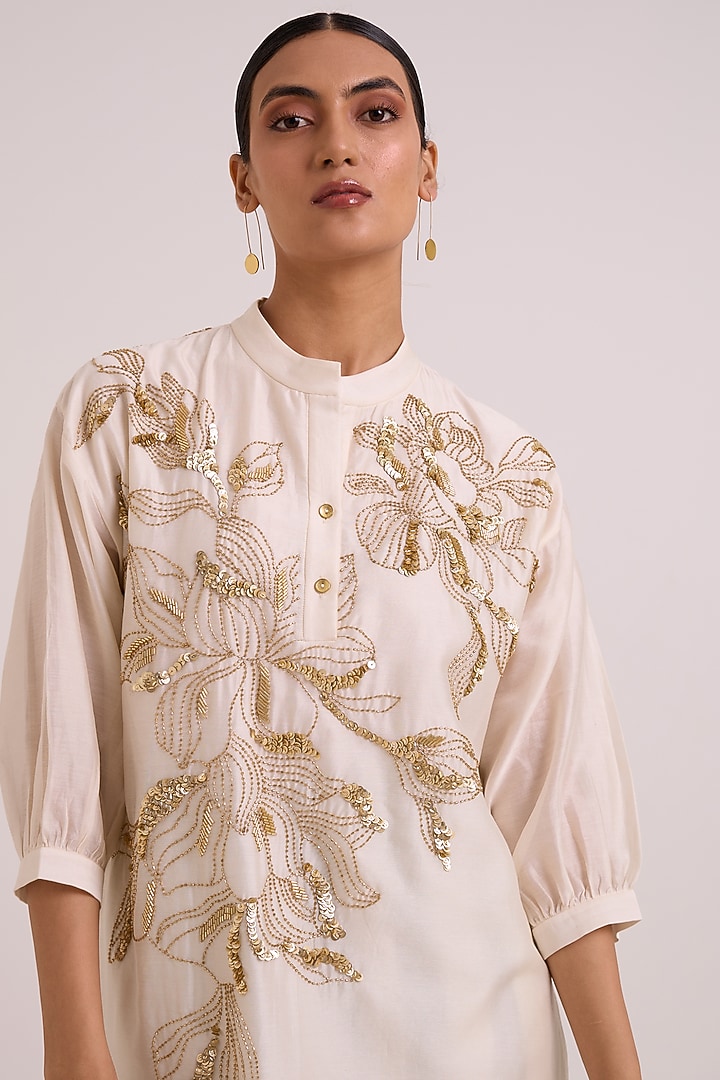 Ivory Pure Handloom Chanderi Silk Embroidered Tunic Set by MADDER MUCH at Pernia's Pop Up Shop