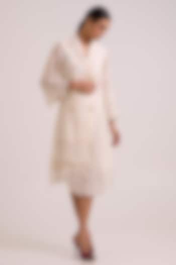 Ivory Pure Handloom Chanderi Silk Floral Embroidered Midi Blazer Vacation Dress by MADDER MUCH at Pernia's Pop Up Shop