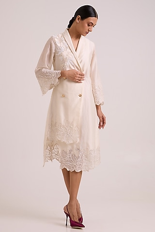 Ivory Pure Handloom Chanderi Silk Floral Embroidered Midi Blazer Dress by MADDER MUCH