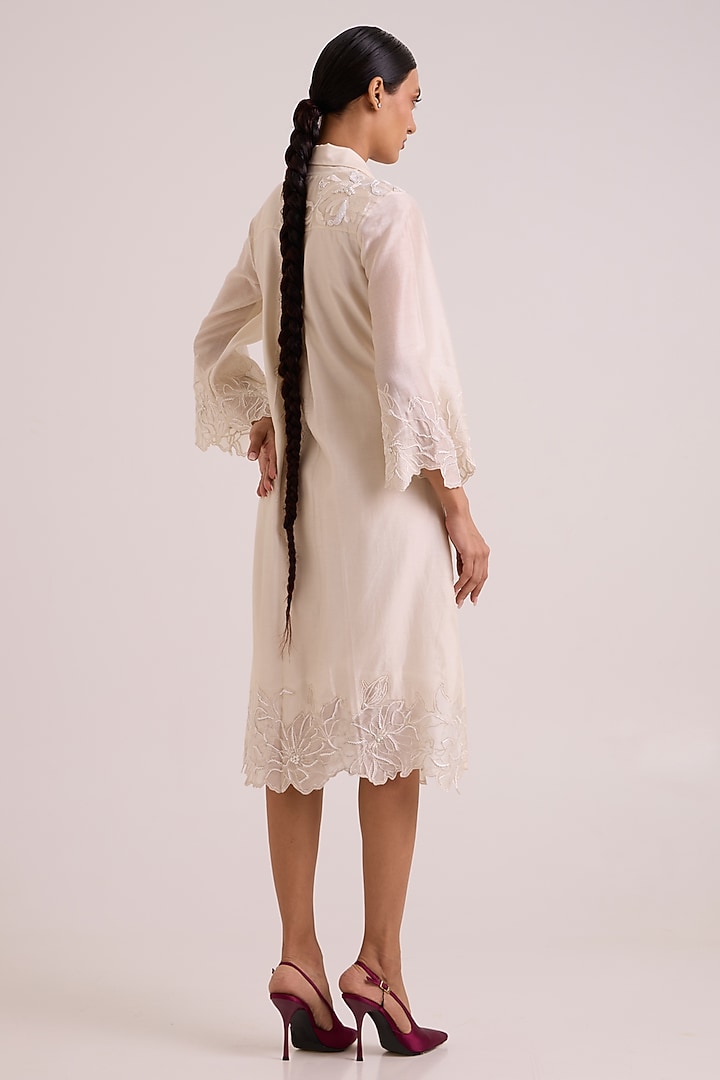 Ivory Pure Handloom Chanderi Silk Floral Embroidered Midi Blazer Vacation Dress by MADDER MUCH at Pernia's Pop Up Shop