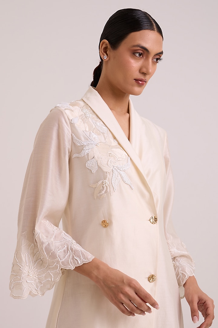Ivory Pure Handloom Chanderi Silk Floral Embroidered Midi Blazer Vacation Dress by MADDER MUCH at Pernia's Pop Up Shop