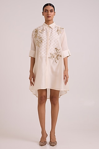 Ivory Chanderi Silk Floral Embroidered Mini Shirt Dress by MADDER MUCH