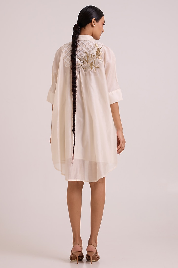 Ivory Chanderi Silk Floral Embroidered Mini Shirt Summer Dress by MADDER MUCH at Pernia's Pop Up Shop