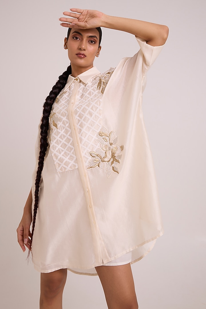 Ivory Chanderi Silk Floral Embroidered Mini Shirt Summer Dress by MADDER MUCH at Pernia's Pop Up Shop