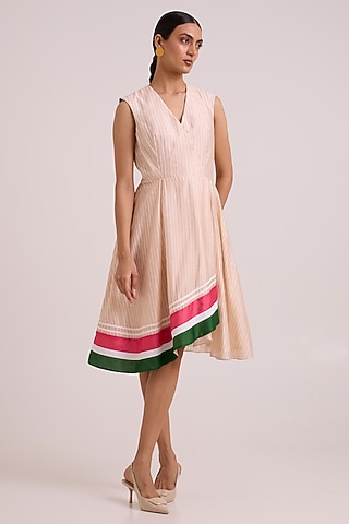 Almond Pure Handloom Chanderi Silk Printed Dress by MADDER MUCH