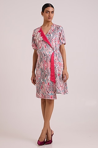 Multi-Colored Bemberg Cotton Satin Printed Wrap Dress by MADDER MUCH