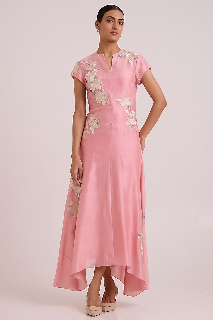 Blush Pure Handloom Chanderi Silk Embroidered Vacation Dress by MADDER MUCH at Pernia's Pop Up Shop