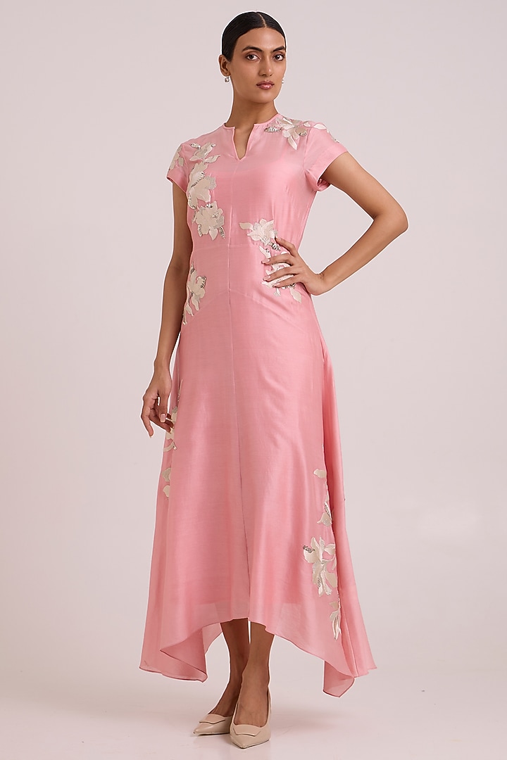 Blush Pure Handloom Chanderi Silk Embroidered Vacation Dress by MADDER MUCH at Pernia's Pop Up Shop