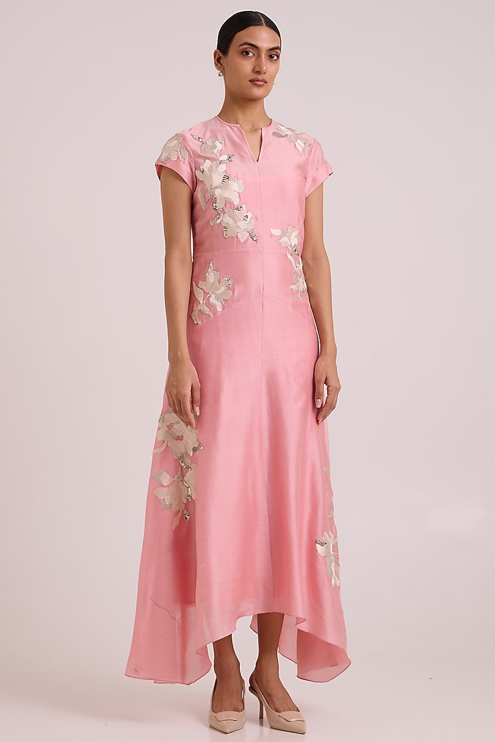 Blush Pure Handloom Chanderi Silk Embroidered Vacation Dress by MADDER MUCH at Pernia's Pop Up Shop
