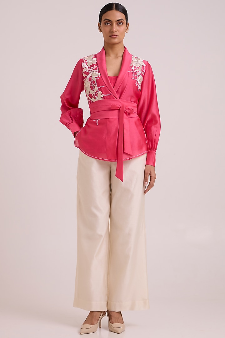 Pink Pure Handloom Chanderi Silk Blazer Set by MADDER MUCH at Pernia's Pop Up Shop