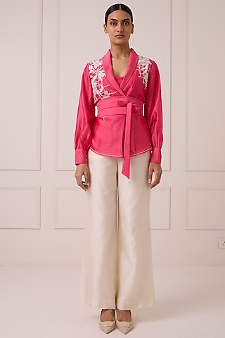 Pink Pure Handloom Chanderi Silk Blazer Set by MADDER MUCH