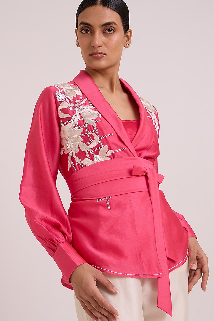 Pink Pure Handloom Chanderi Silk Blazer Set by MADDER MUCH at Pernia's Pop Up Shop