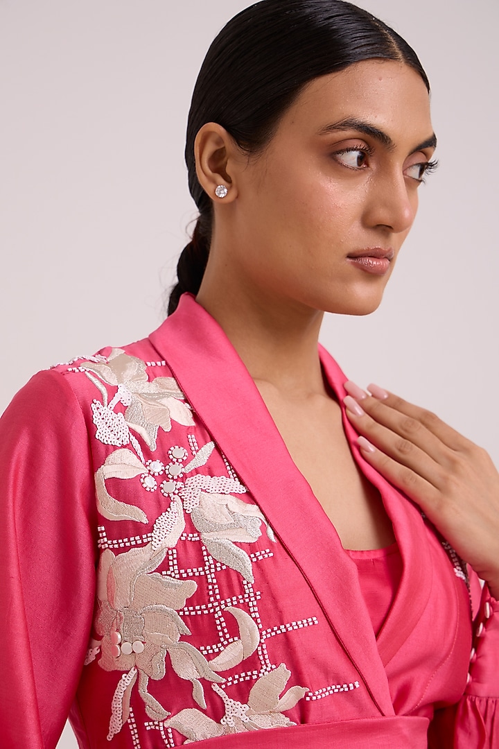 Pink Pure Handloom Chanderi Silk Blazer Set by MADDER MUCH at Pernia's Pop Up Shop