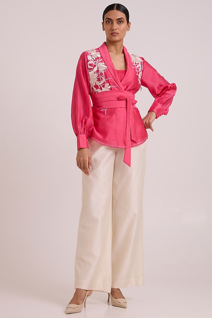Pink Pure Handloom Chanderi Silk Blazer Set by MADDER MUCH at Pernia's Pop Up Shop