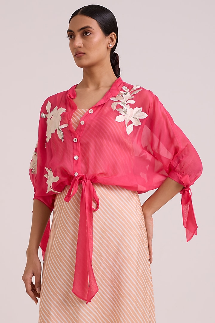 Pink Sheer Organza Floral Embroidered Jacket by MADDER MUCH at Pernia's Pop Up Shop